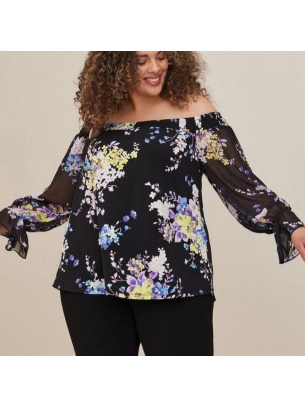 1X - Torrid • Studio Knit Off-Shoulder Smocked With Chiffon Sleeves Swing Top